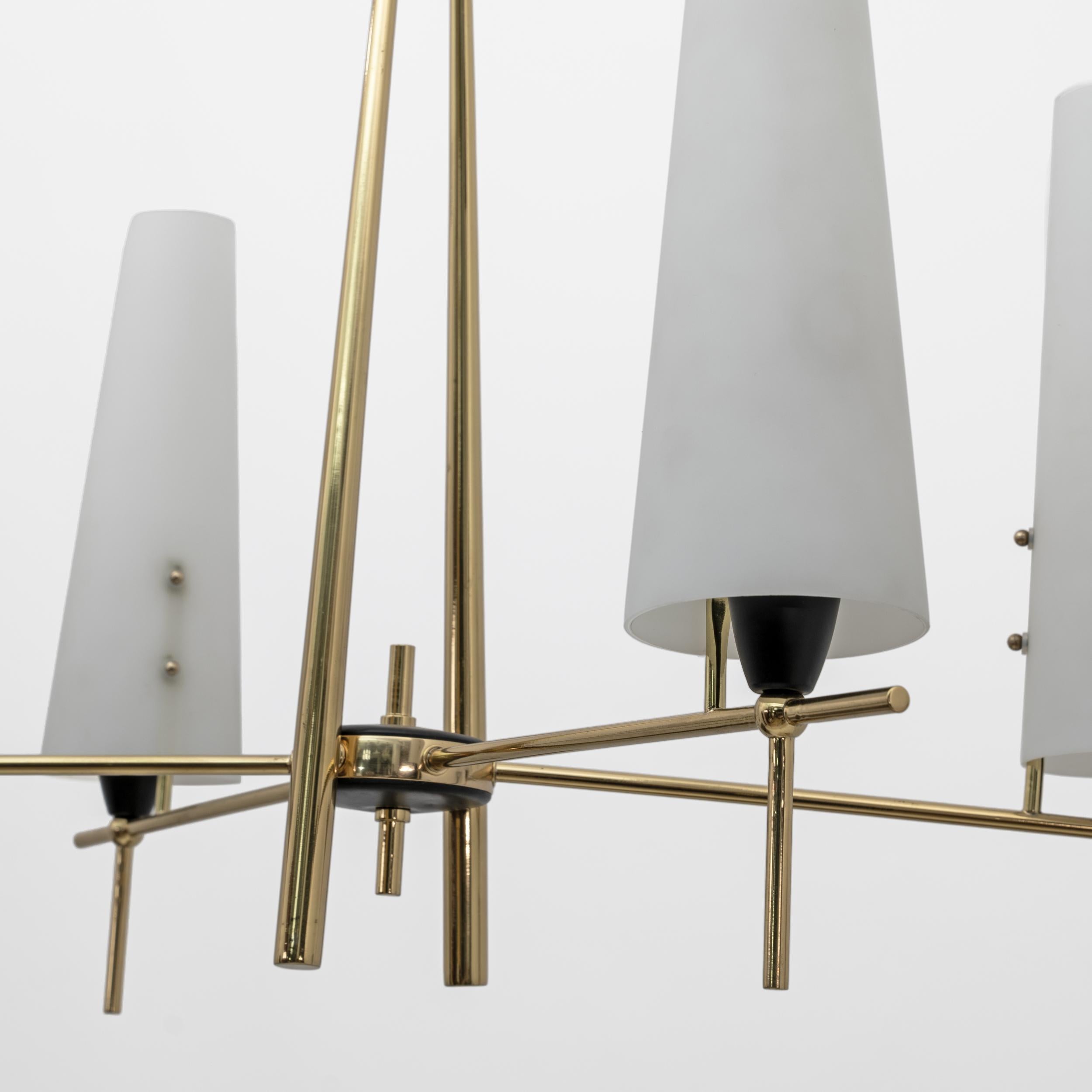 Mid-Century Modern Stilnovo Style Mid-century Modern Italian Brass and Opaline Glass Chandelier 60s For Sale