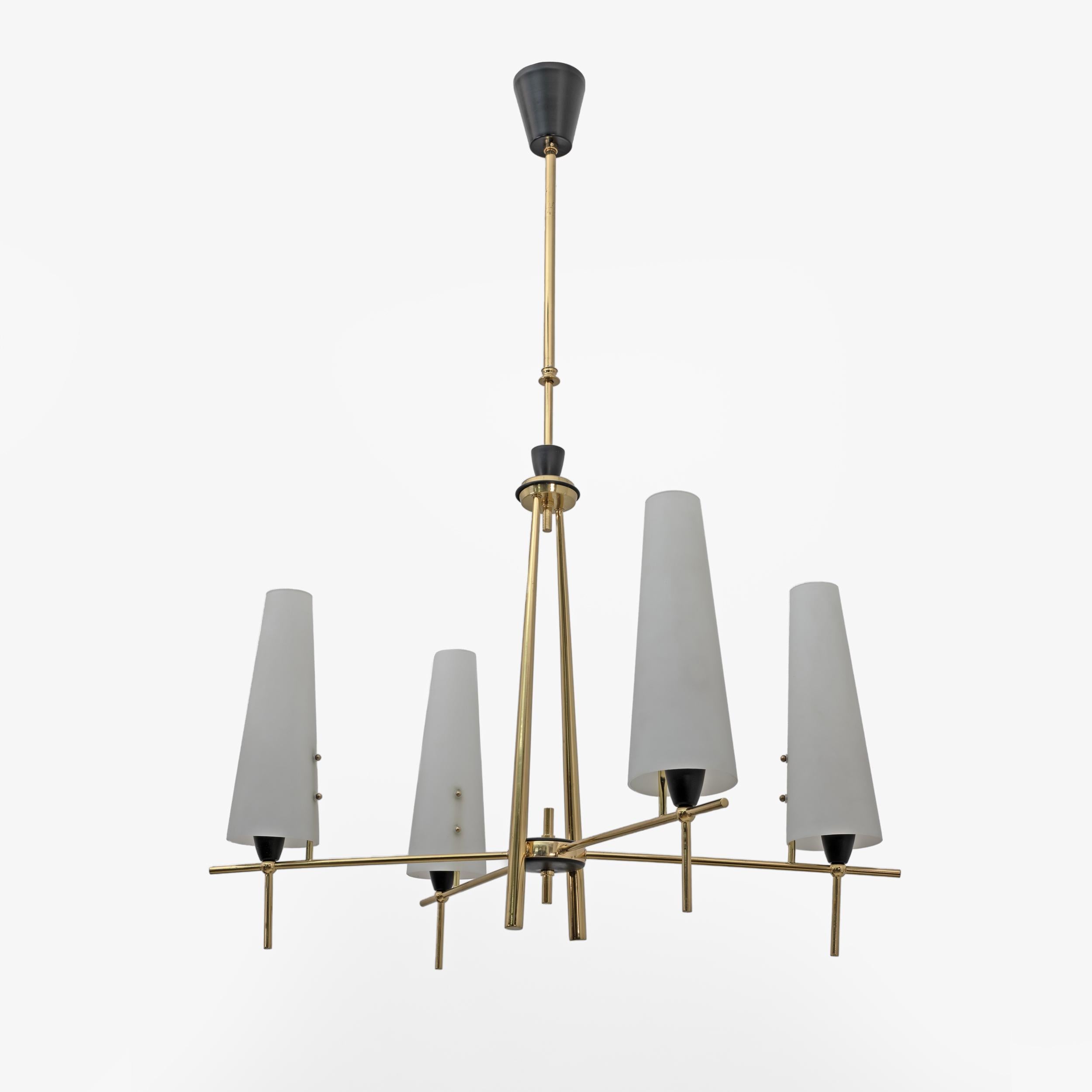 Mid-20th Century Stilnovo Style Mid-century Modern Italian Brass and Opaline Glass Chandelier 60s For Sale
