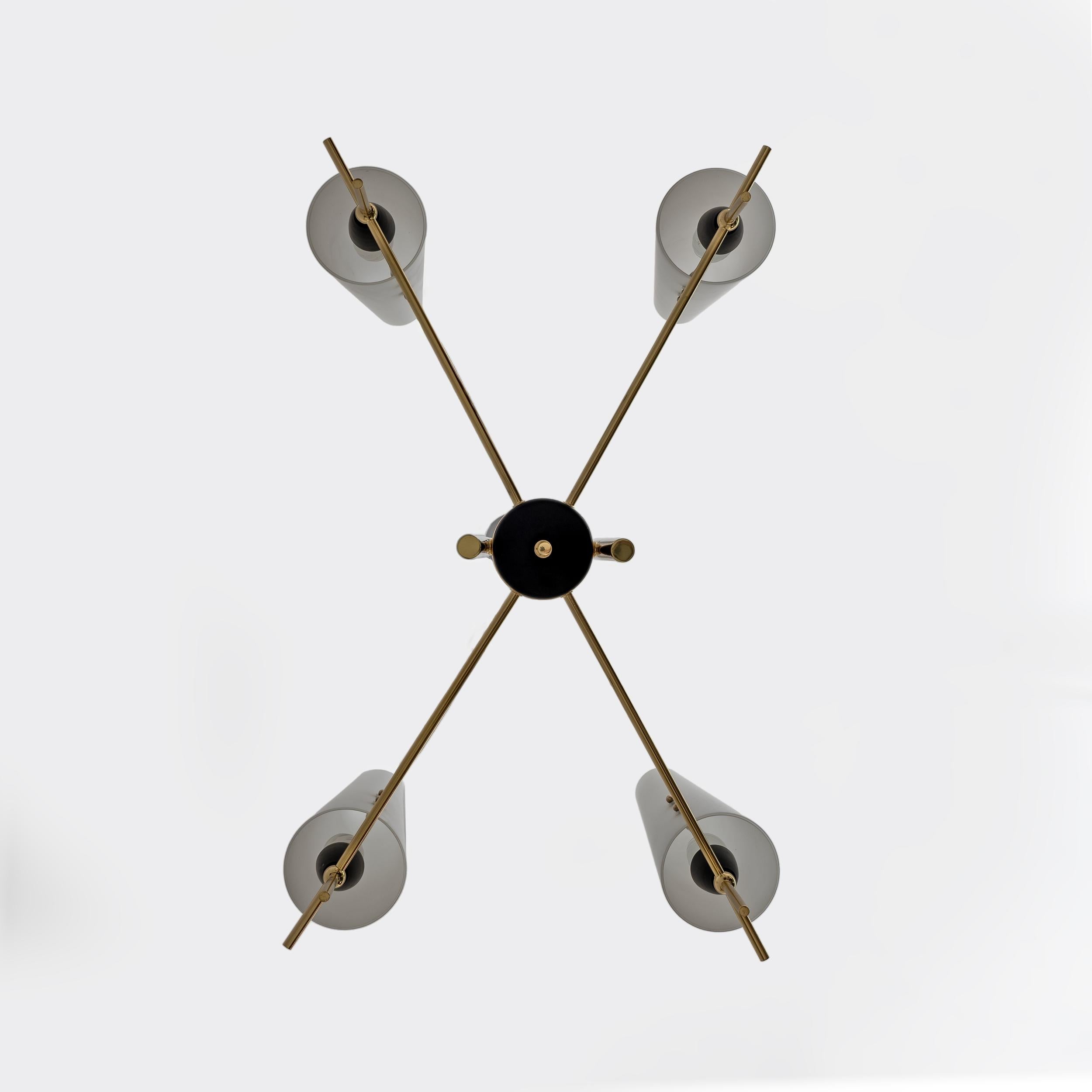 Stilnovo Style Mid-century Modern Italian Brass and Opaline Glass Chandelier 60s For Sale 3