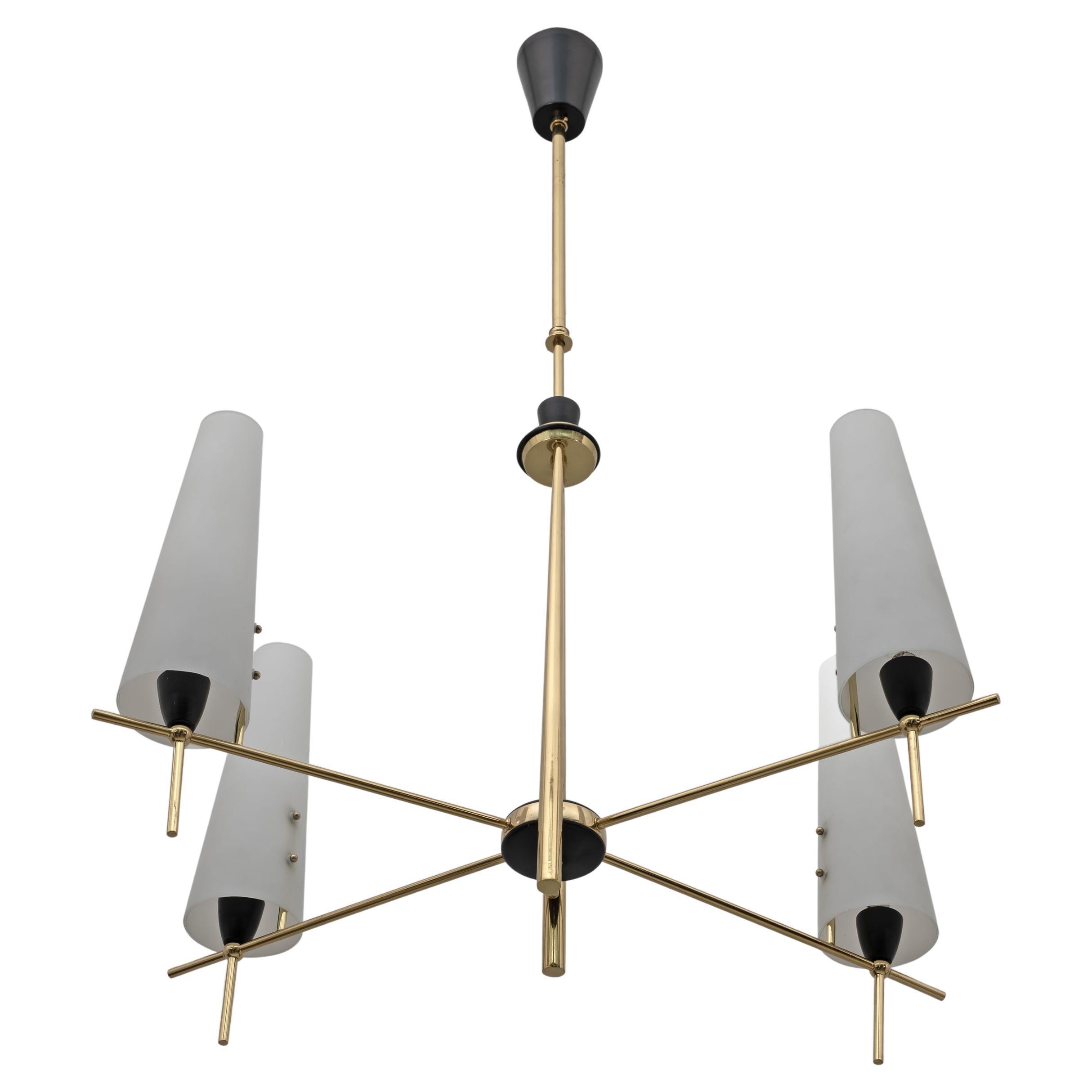 Stilnovo Style Mid-century Modern Italian Brass and Opaline Glass Chandelier 60s