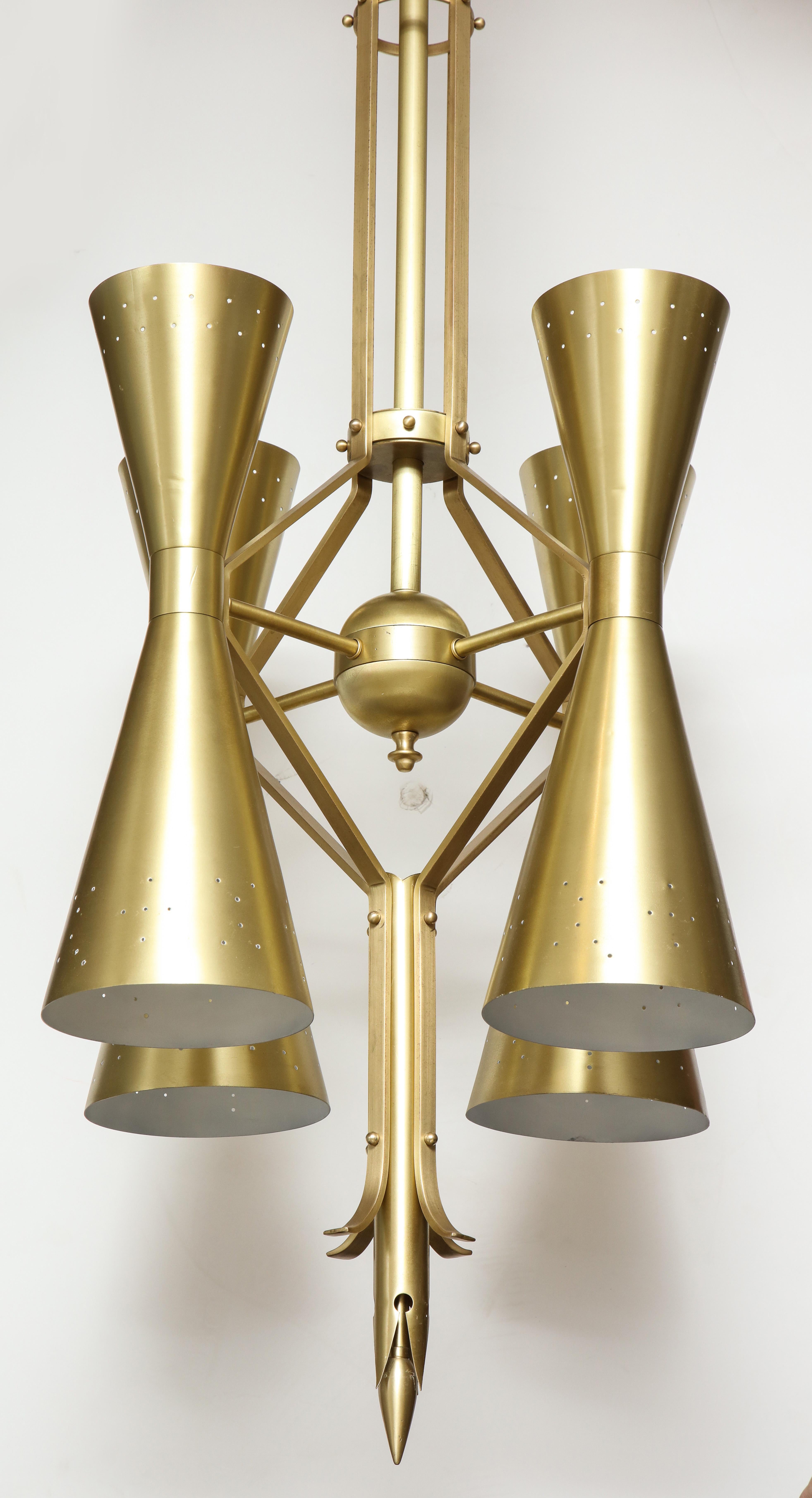 Stilnovo Style Midcentury Italian Brass Chandelier, 2 available In Good Condition In New York, NY