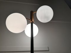 Stilnovo Style Midcentury Opaline Glass Spheres Brass Italian Floor Lamp, 1950s