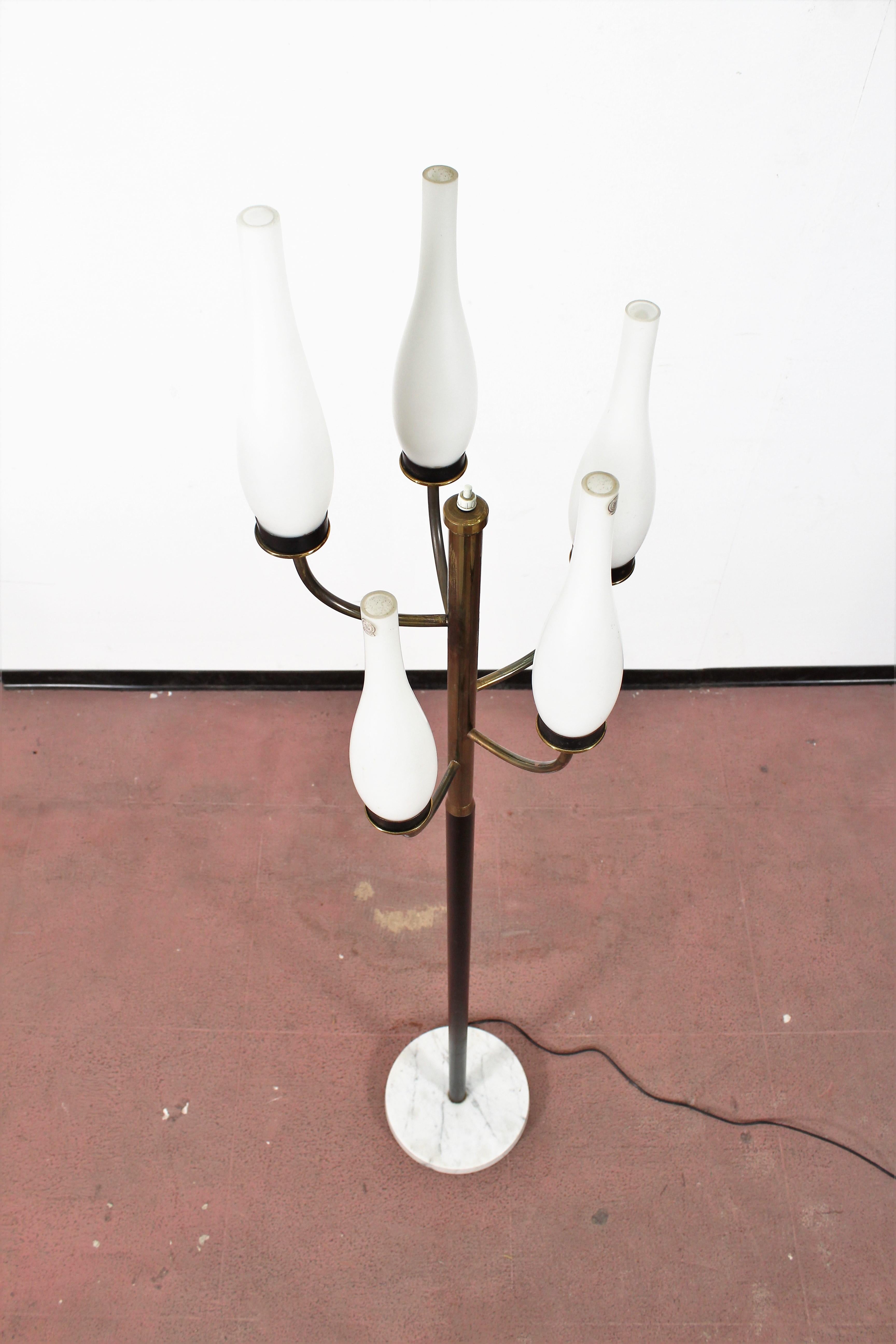 Mid-20th Century Stilnovo Style Midcentury White Opaline and Metal Floor Lamp, Italy, 1960s