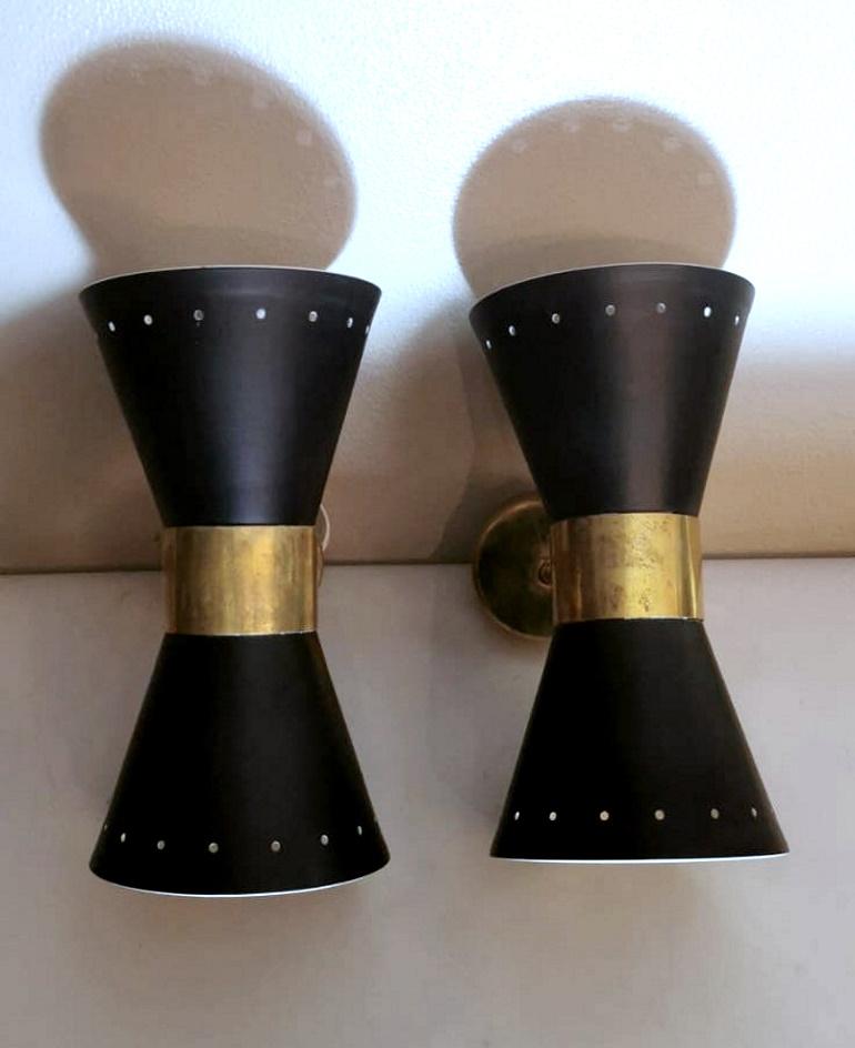 Mid-Century Modern Stilnovo Style Model Diabolo Pair of Italian Black Brass Sconces, 1960