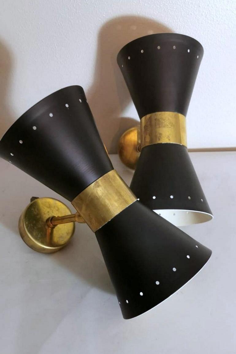 Painted Stilnovo Style Model Diabolo Pair of Italian Black Brass Sconces, 1960