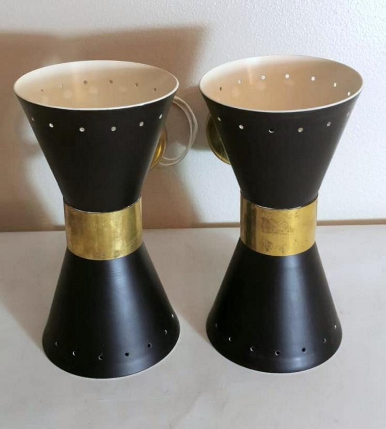 20th Century Stilnovo Style Model Diabolo Pair of Italian Black Brass Sconces, 1960