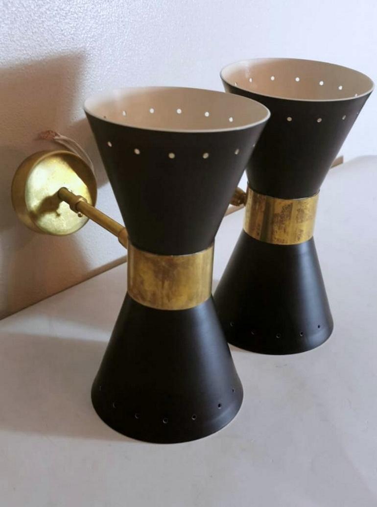 Stilnovo Style Model Diabolo Pair of Italian Black Brass Sconces, 1960 2