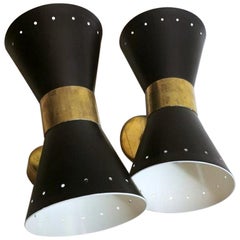 Vintage Stilnovo Style Model Diabolo Pair of Italian Black Brass Sconces, 1960