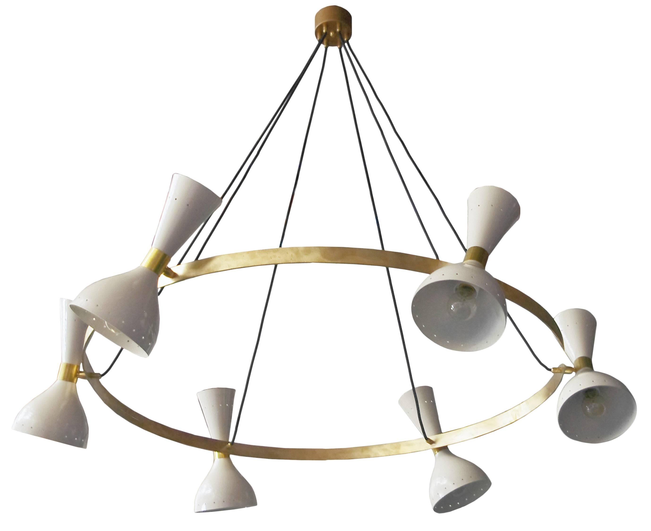 Chic Italian chandeliers with enameled cream metal shades mounted on unlacquered brass frames, inspired by Stilnovo / Made in Italy
** Metal shades have minor scratches due to wear and tear **
12 lights in total: 6 lights are E12 type, 6 lights are
