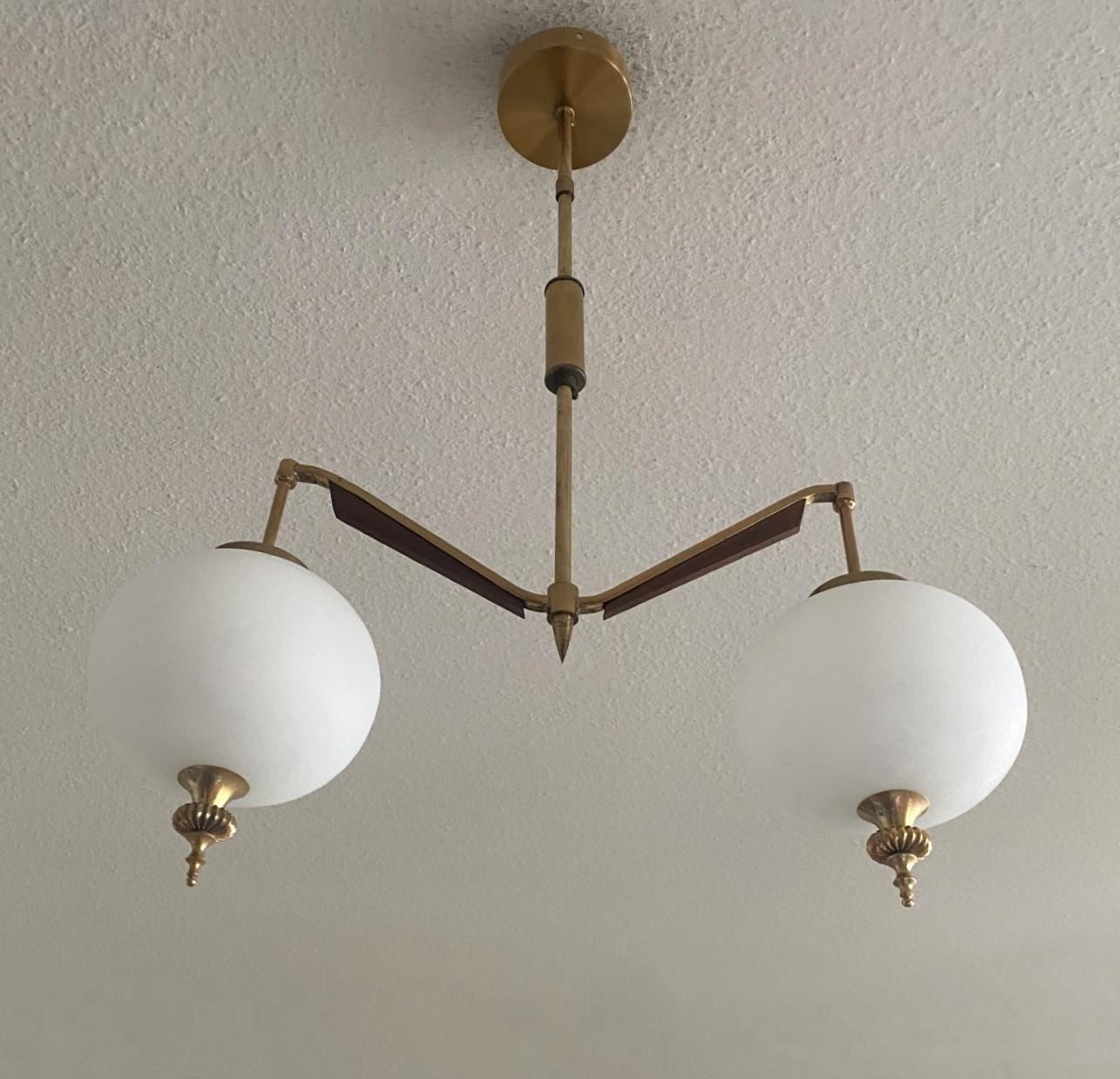 Italian Stilnovo Style Murano Glass Brass Two-Light Chandelier Pendant, Italy, 1950s