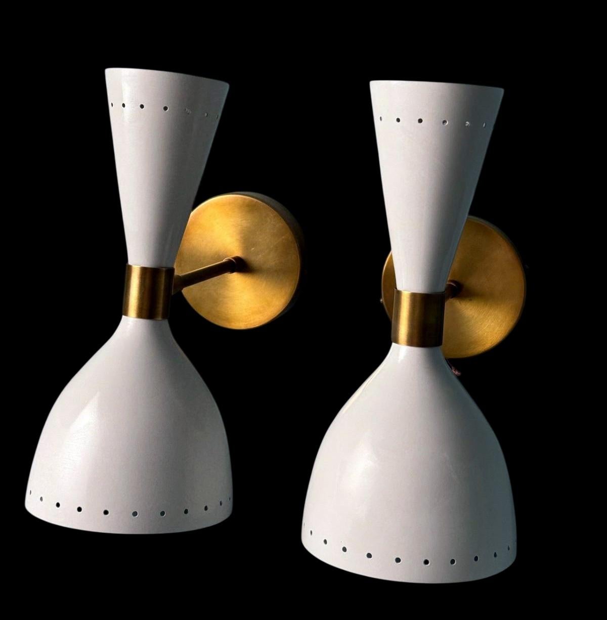 Mid-Century Modern Stilnovo Style  Pair Italian Sconces Painted Metal and Brass 