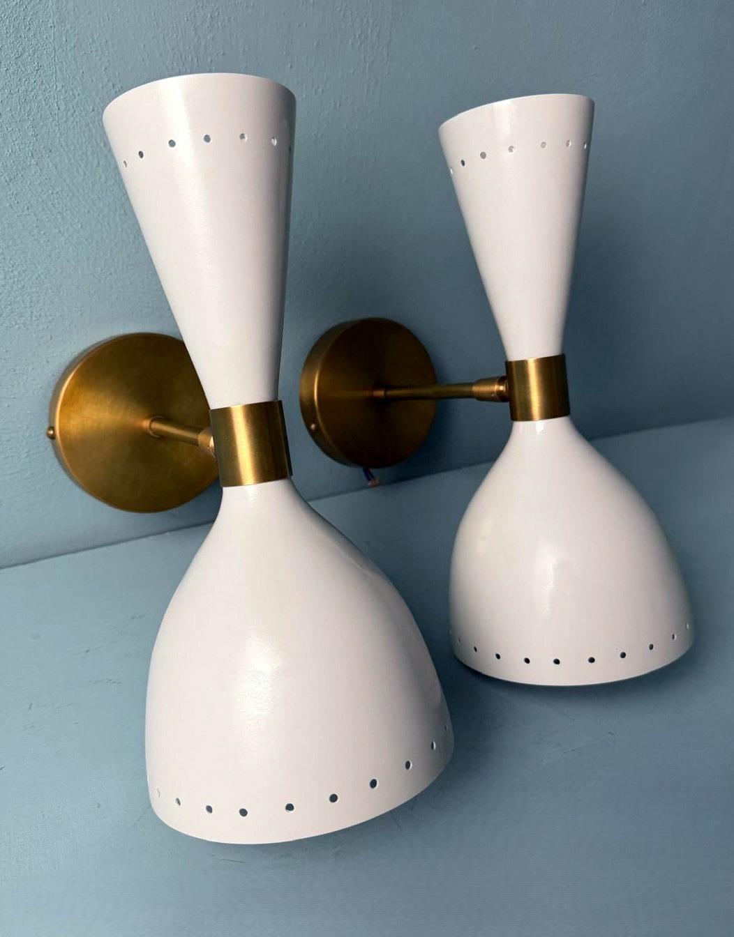 Polished Stilnovo Style  Pair Italian Sconces Painted Metal and Brass 