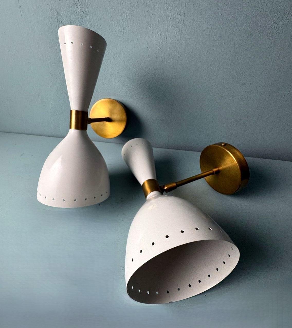 20th Century Stilnovo Style  Pair Italian Sconces Painted Metal and Brass 