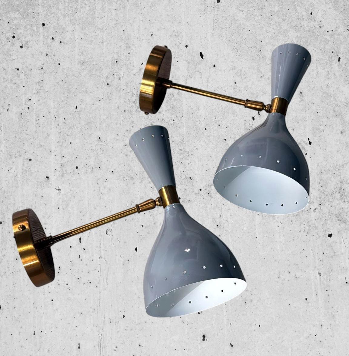 Contemporary Stilnovo Style Pair Of Italian Brass And Painted Grey Metal Wall Sconces For Sale