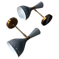 Stilnovo Style Pair Of Italian Brass And Painted Grey Metal Wall Sconces