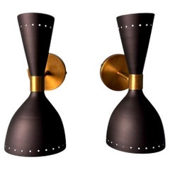 Stilnovo Style  Pair Of Italian Sconces Black Metal And Brass