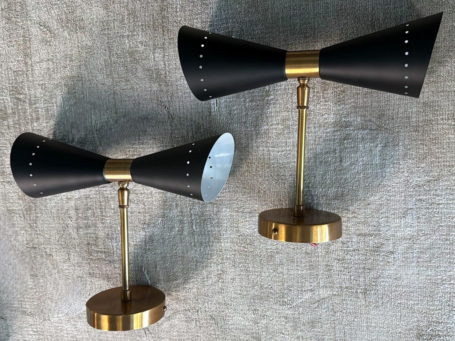 Contemporary Stilnovo Style Pair Of Italian Wall Lights In Lacquered Metal And Brass For Sale