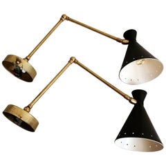 Stilnovo Style Pair of Italian Wall Sconces Diabolo Model in Brass and Metal Bla