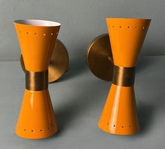 Stilnovo Style  Pair Of Italian Wall Sconces In Lacquered Metal And Brass