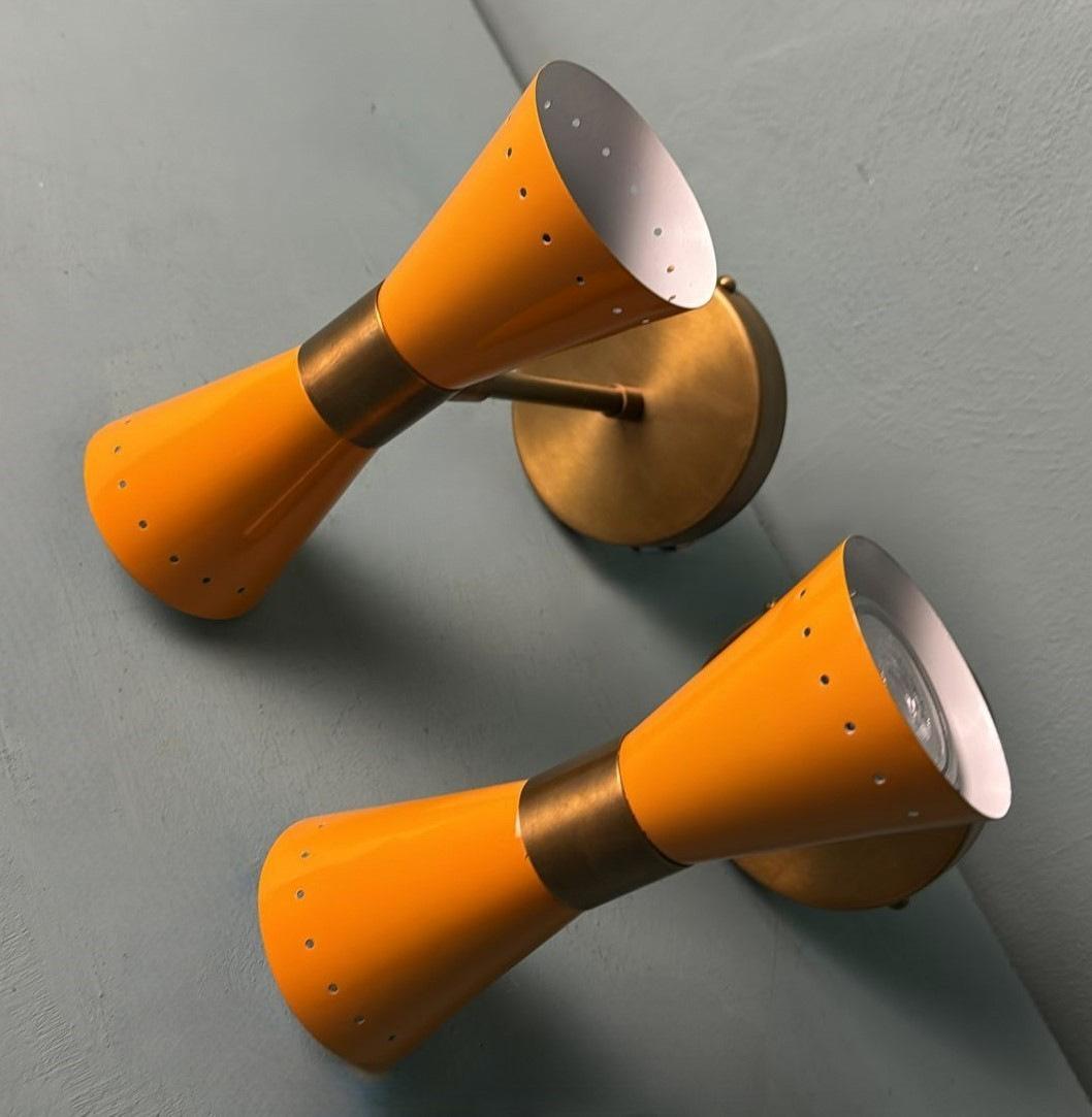 Contemporary Stilnovo Style  Pair Of Italian Wall Sconces In Lacquered Metal And Brass For Sale