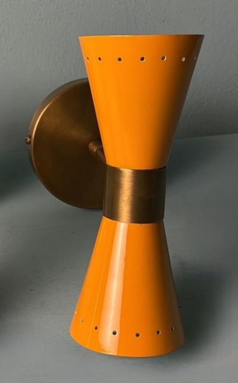 Stilnovo Style  Pair Of Italian Wall Sconces In Lacquered Metal And Brass For Sale 2