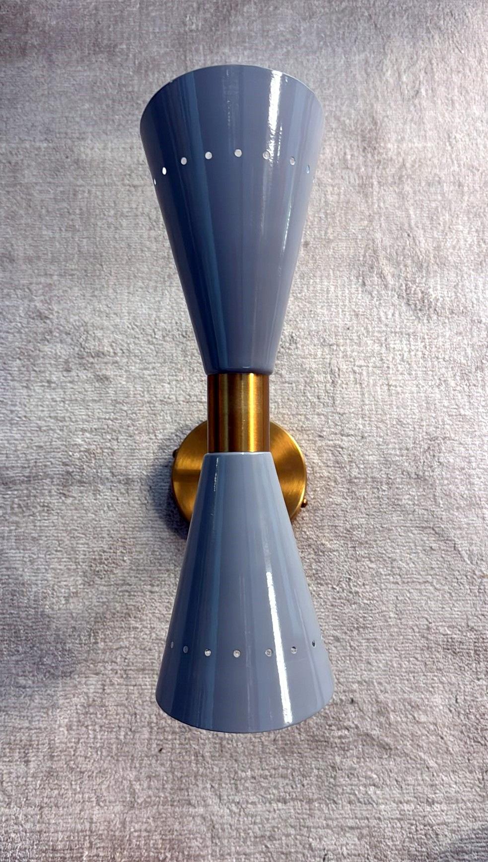 Contemporary Stilnovo Style Pair Of Italian Wall Sconces In Painted Metal And Brass For Sale