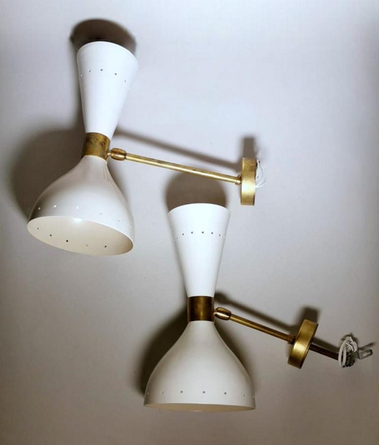Mid-Century Modern Stilnovo Style Pair of Italian Wall Sconces Painted Metal and Brass Mod.Diabolo