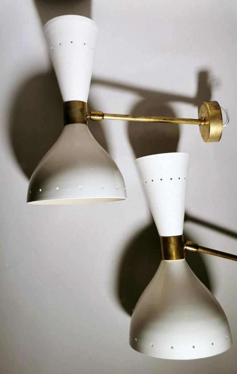 20th Century Stilnovo Style Pair of Italian Wall Sconces Painted Metal and Brass Mod.Diabolo
