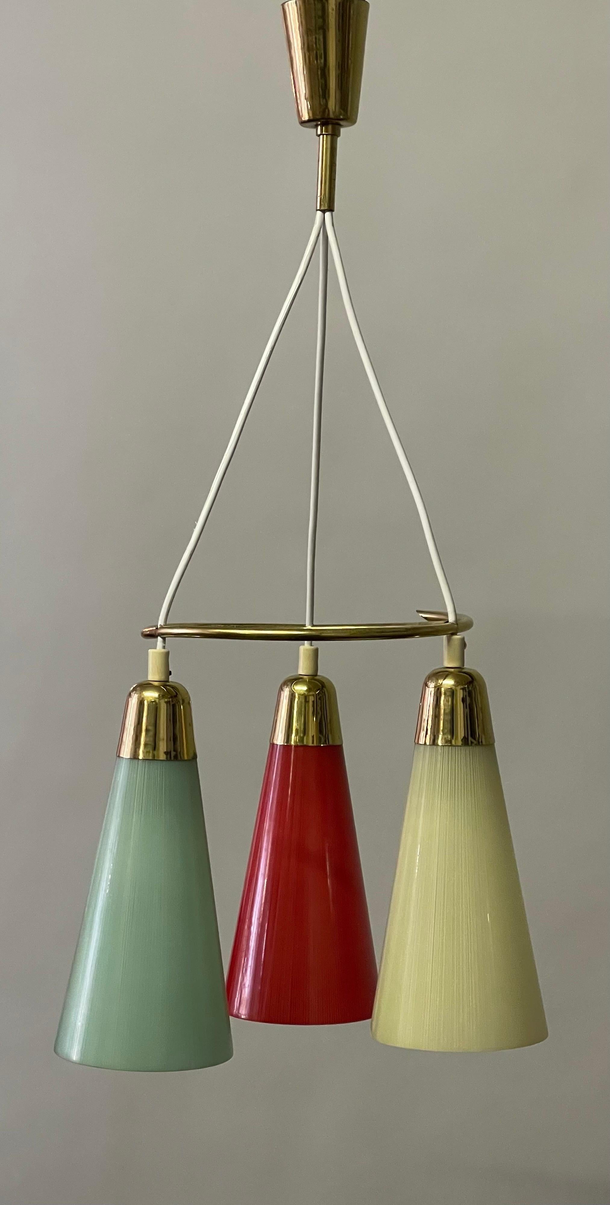 Stilnovo Style Polished Brass and Multicolor Glass Pendant, circa 1950s For Sale 4