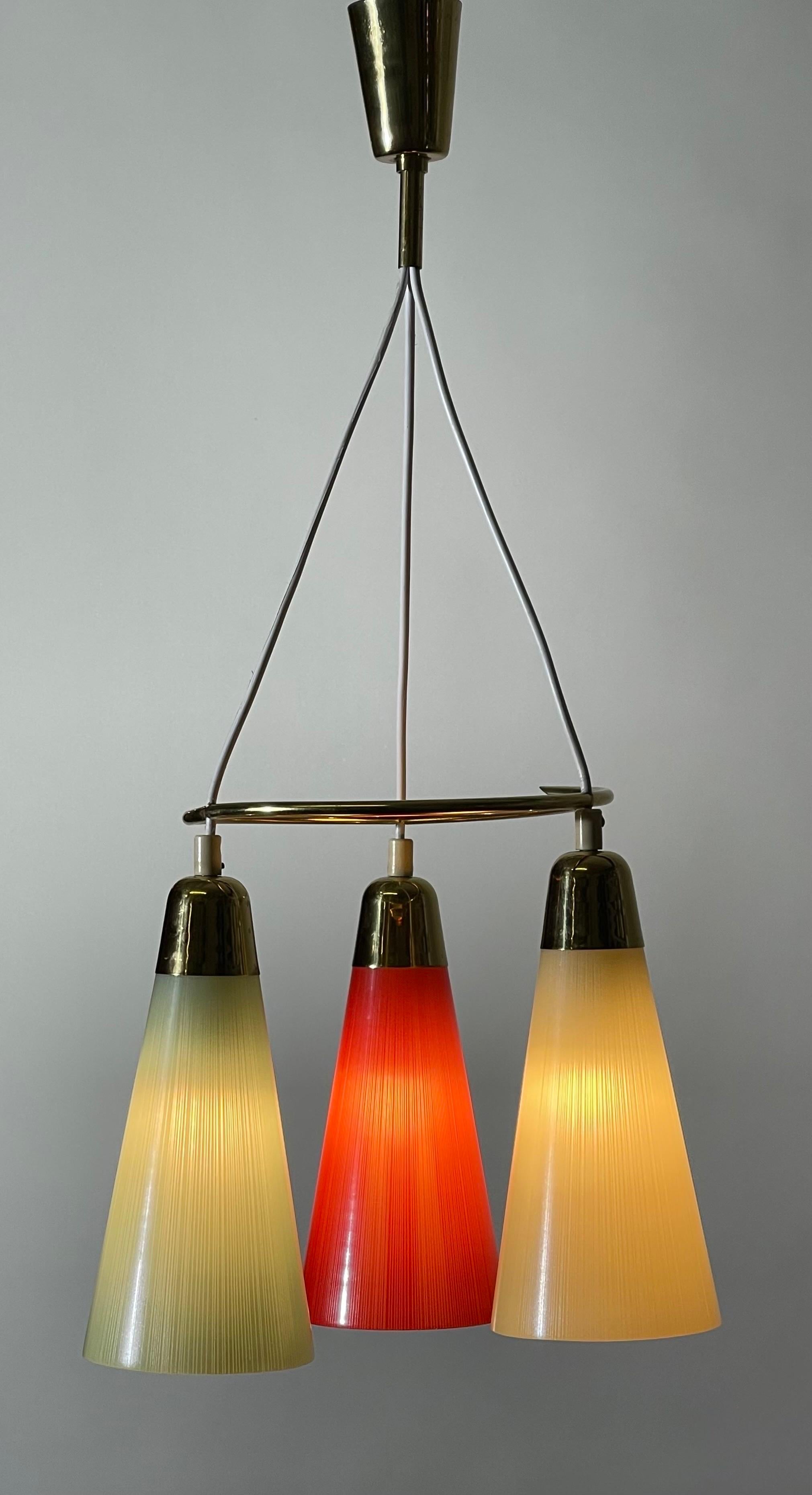 Stilnovo Style Polished Brass and Multicolor Glass Pendant, circa 1950s For Sale 5
