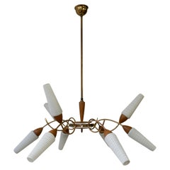 Stilnovo Style Teak and Opaline Glass Nine Arm Spider Chandelier