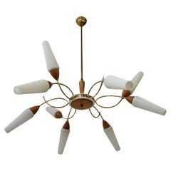 Stilnovo Style Teak and Opaline Glass Nine Arm Spider Chandelier