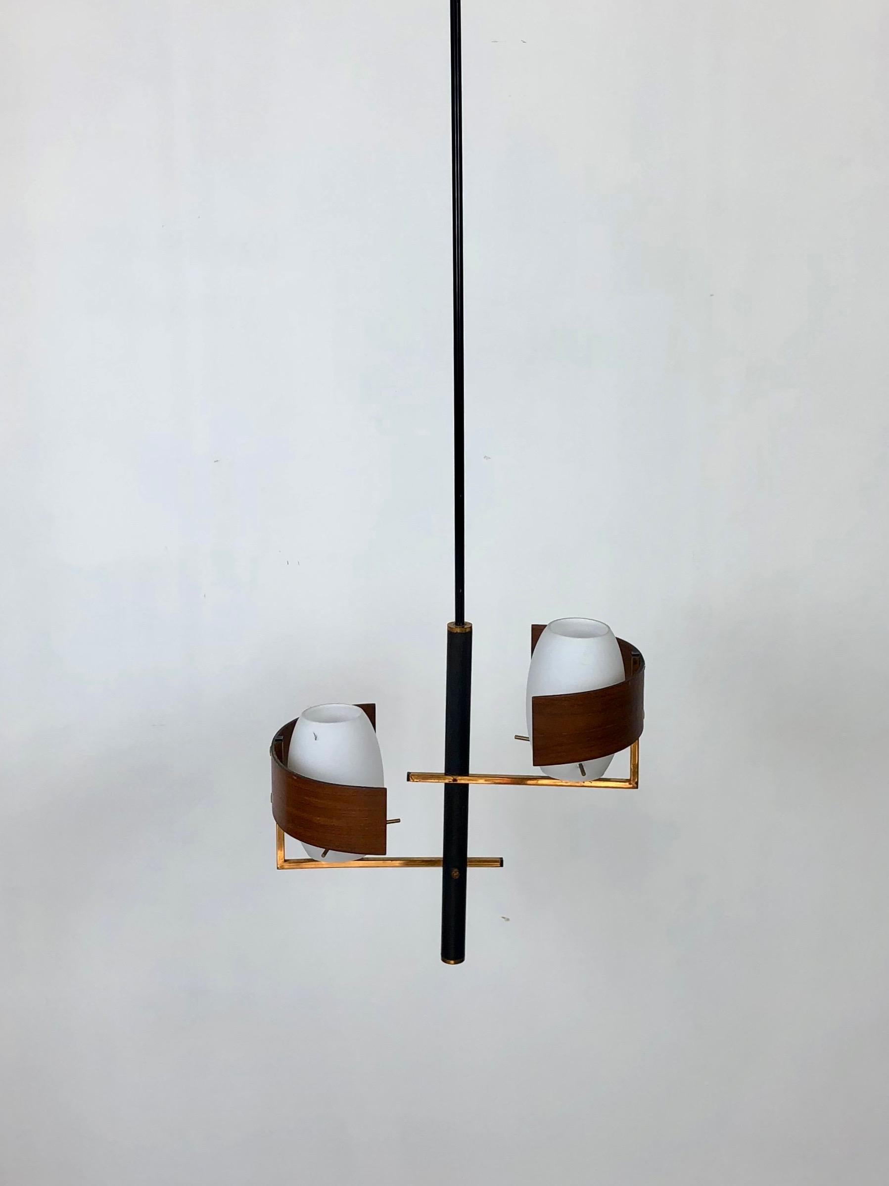 Mid-20th Century Stilnovo Style Teak, Brass and Opaline Glass Chandelier Pendant, 1960s, Italy For Sale