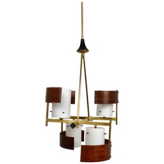 Vintage Stilnovo Style Teak, Brass and Opaline Glass Chandelier Pendant, 1960s, Italy