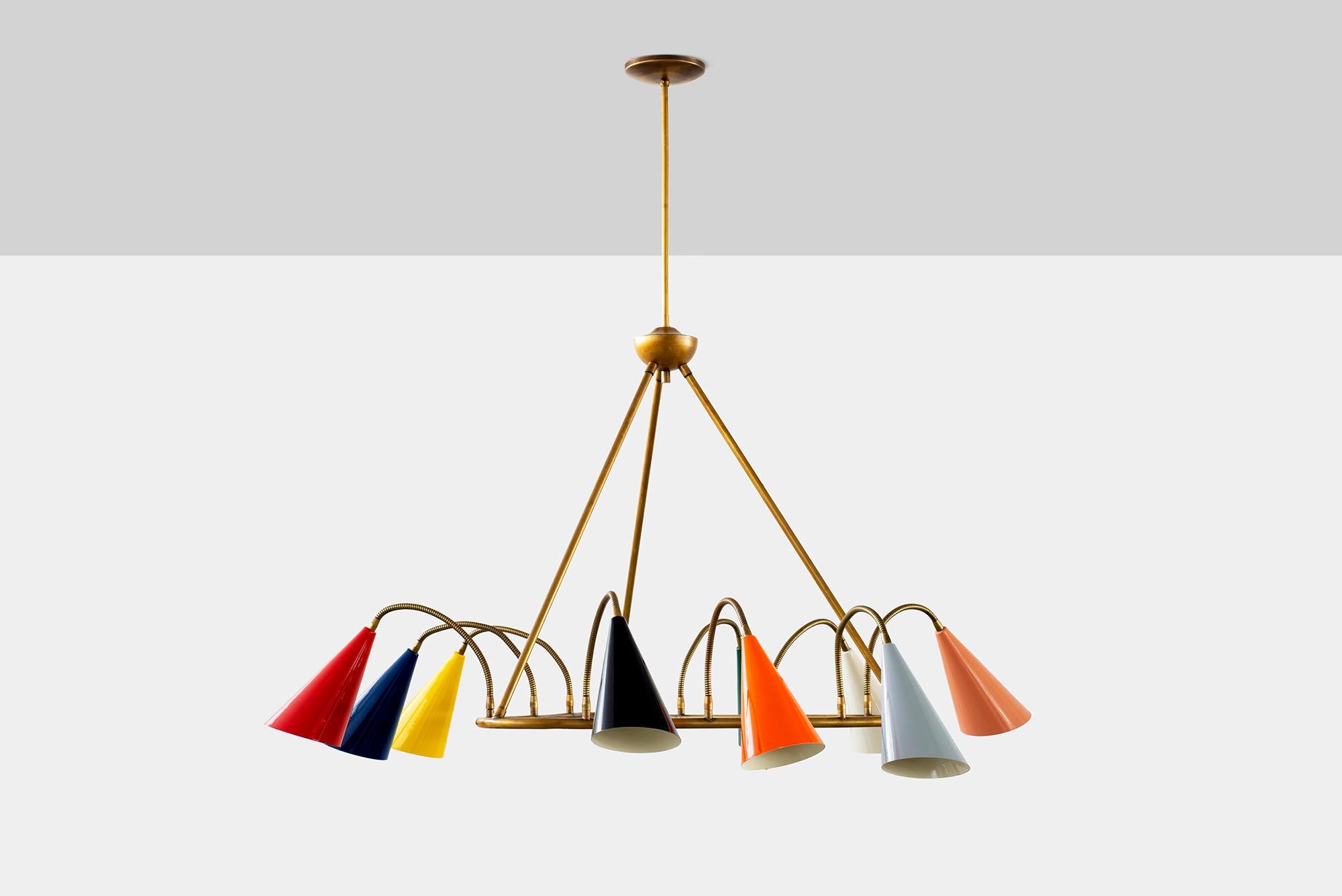 Stilnovo style pendant with nine multicolored cones on adjustable brass arms.

Newly produced in Italy - 
Colors may vary - photos are examples of color possibilities.