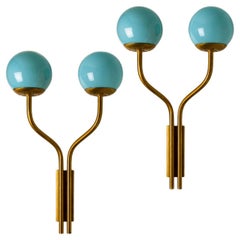 Stilnovo Style Wall Light Brass and Blue Glass, Italy, 1960s