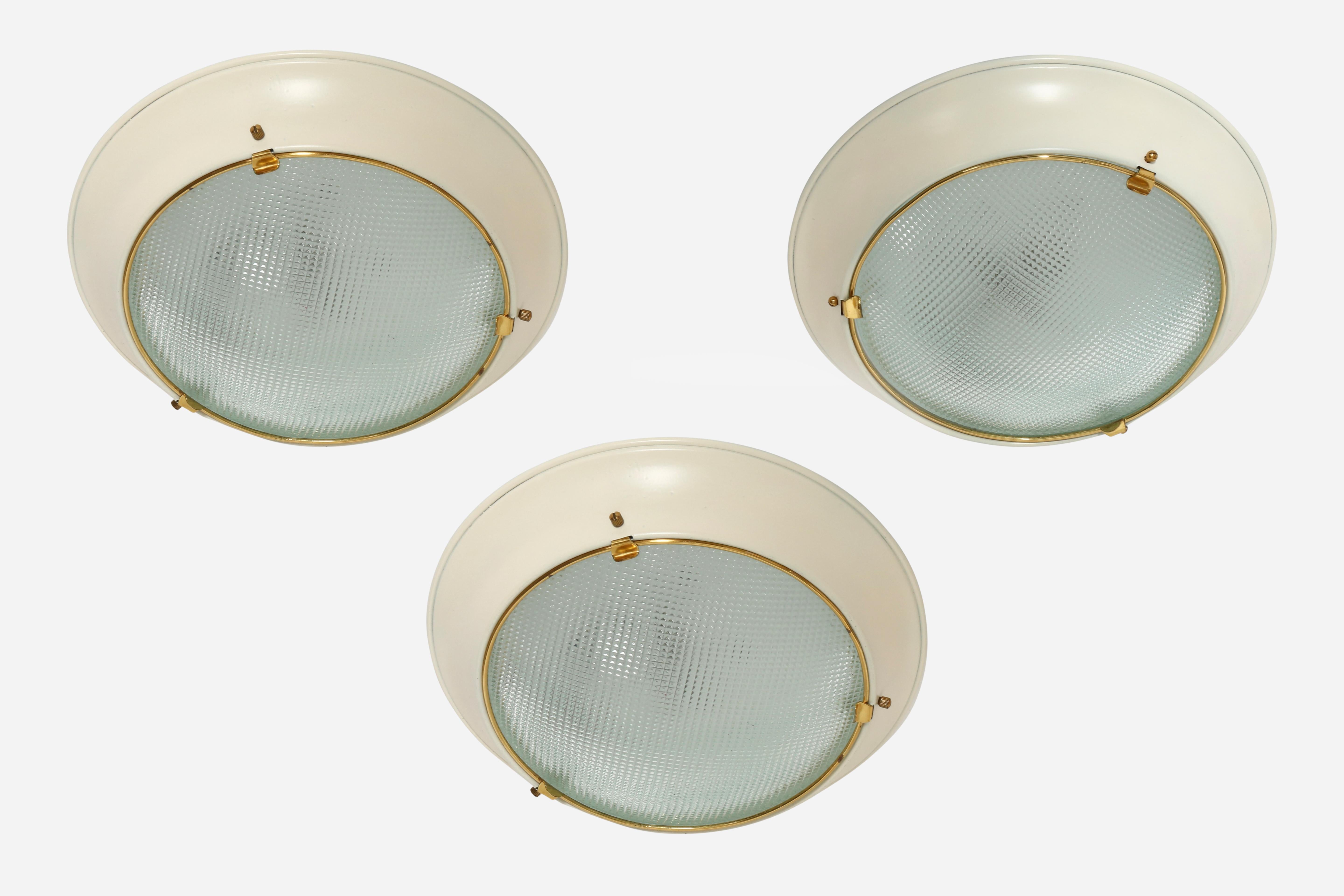 Stilnovo style flush mount wall or ceiling lights, set of 3.
Glass, brass, enameled metal.
One medium base socket each.
Rewired for US.
Priced as a set of 3.
4 available, and it can be made into a set of 4
 