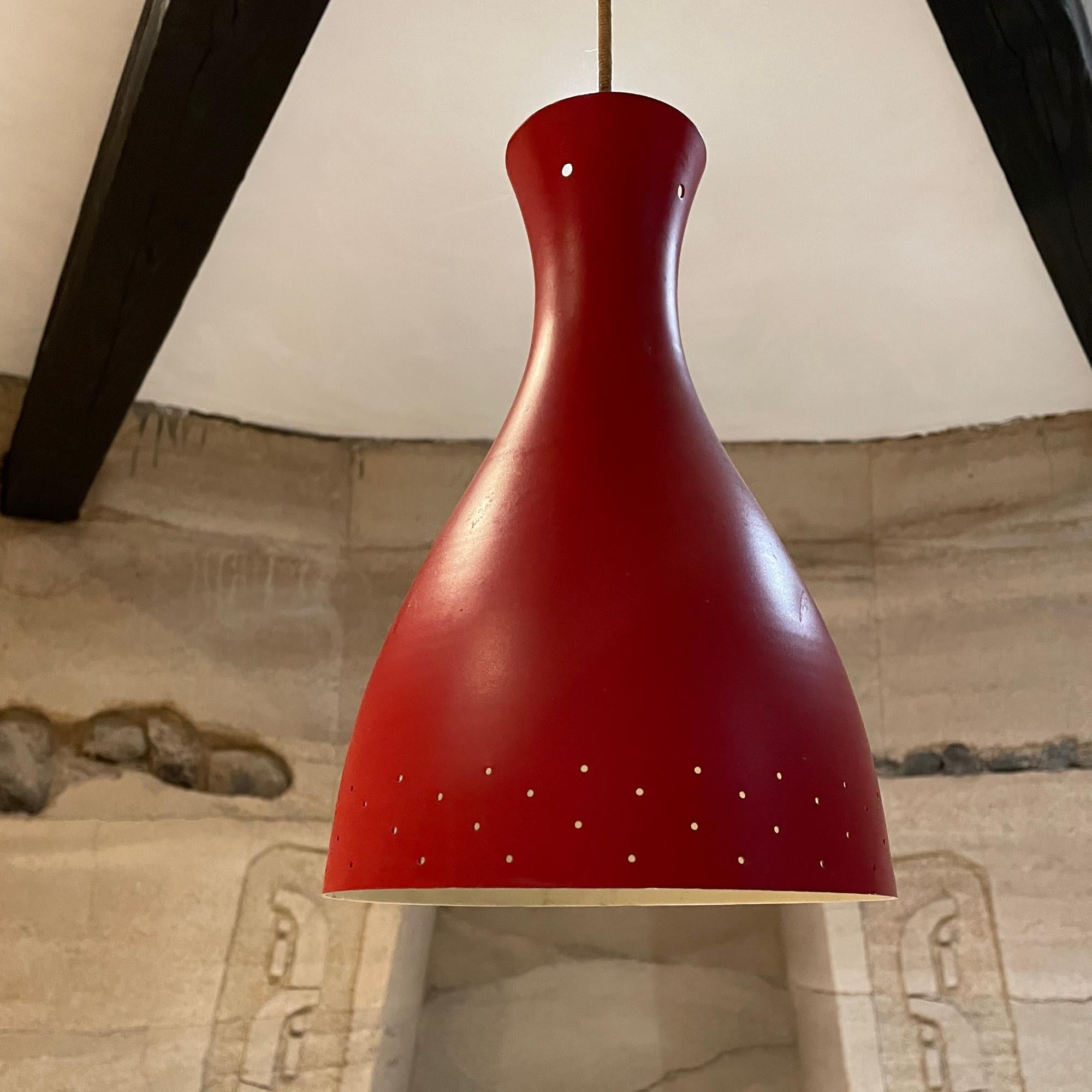 Mid-Century Modern 1950s Stilnovo Red Perforated Cone Italian Pendant Lamp Italy For Sale