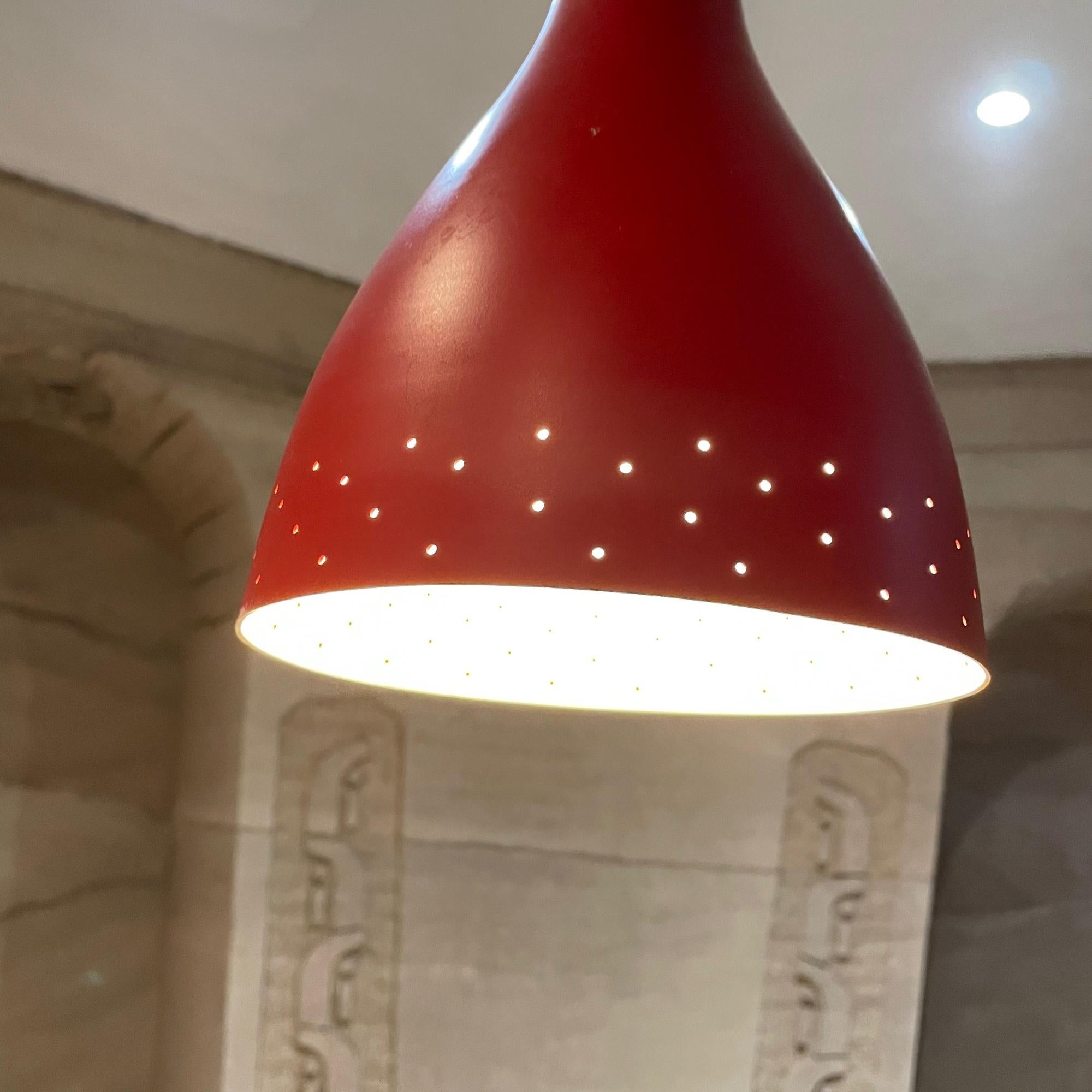 1950s Stilnovo Red Perforated Cone Italian Pendant Lamp Italy In Good Condition For Sale In Chula Vista, CA