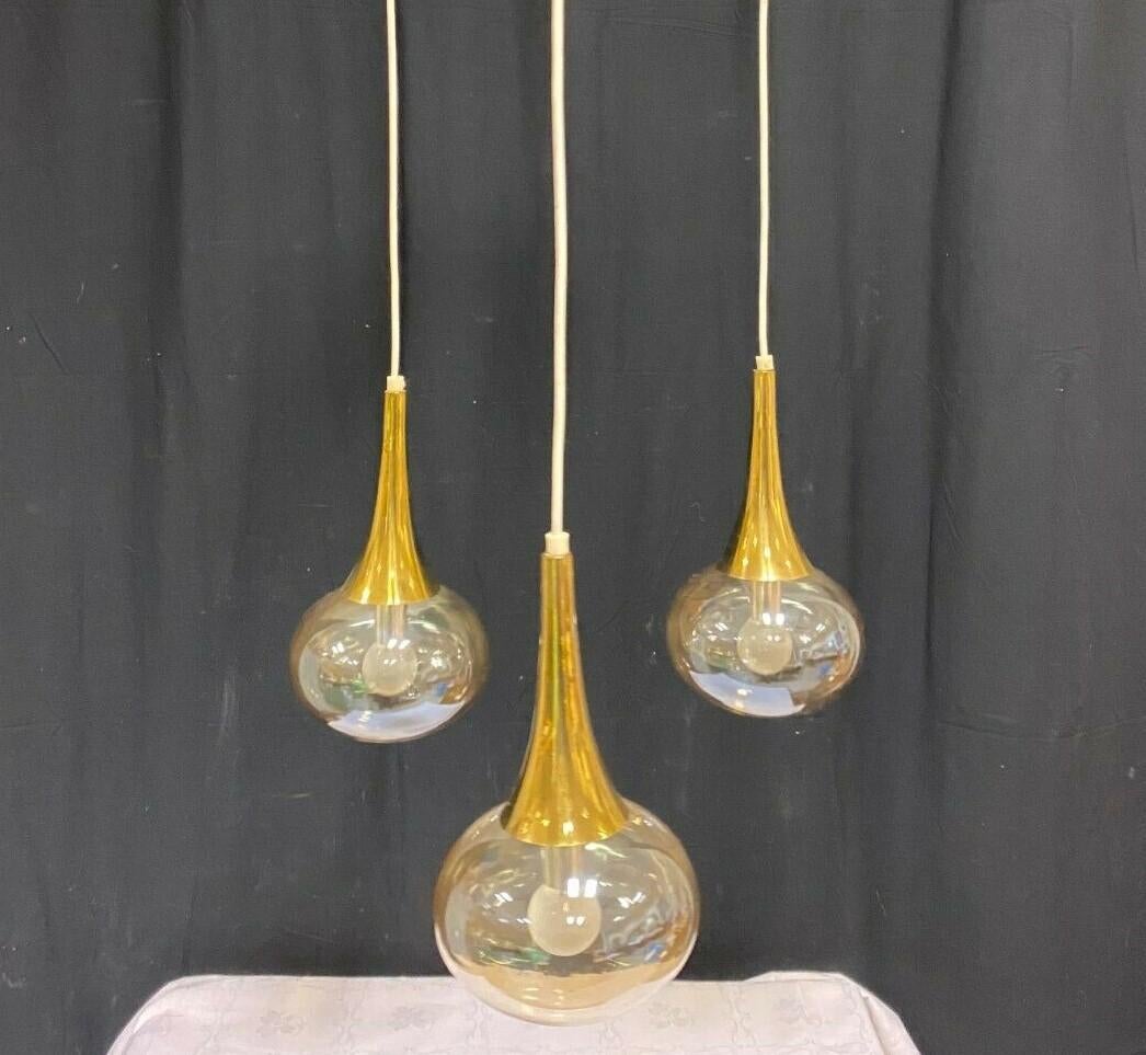 Italian Stilnovo Suspension Chandelier with Three Hand Blown Glass Globes, 1960s For Sale
