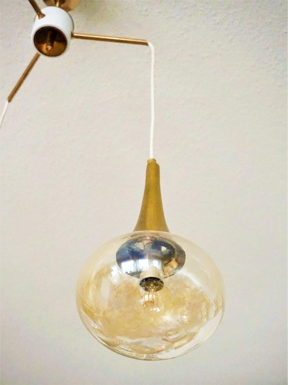 20th Century Stilnovo Chandelier with Three Hand Blown Glass Globes, Italy, 1960s For Sale