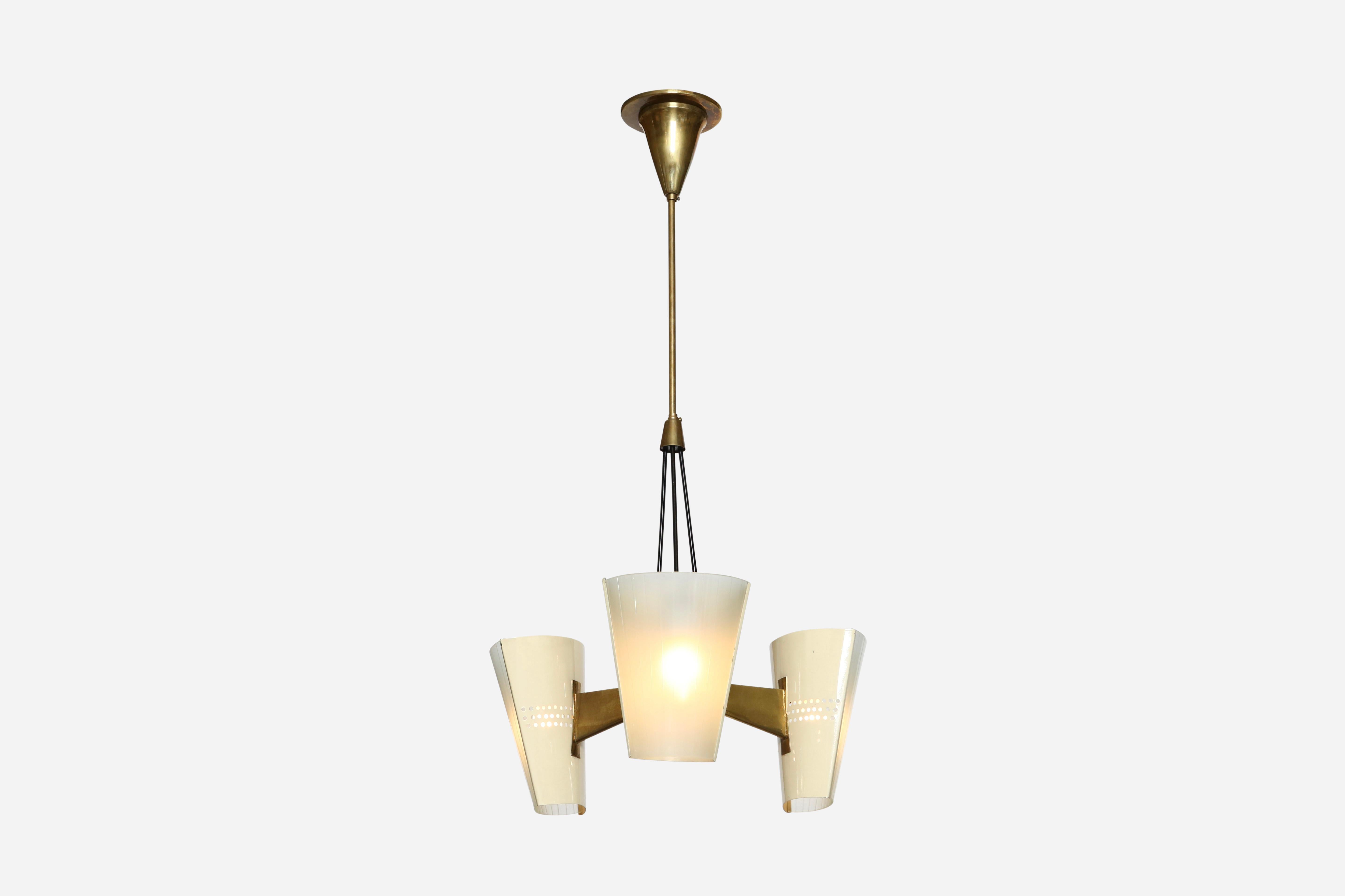 Stilnovo suspension light. Designed and manufactured in Italy in 1950s.
Glass, enameled metal, brass.
Three Edison bulbs.
Rewired for US.
Height adjustable.
Body of the fixture is 18 inches high.