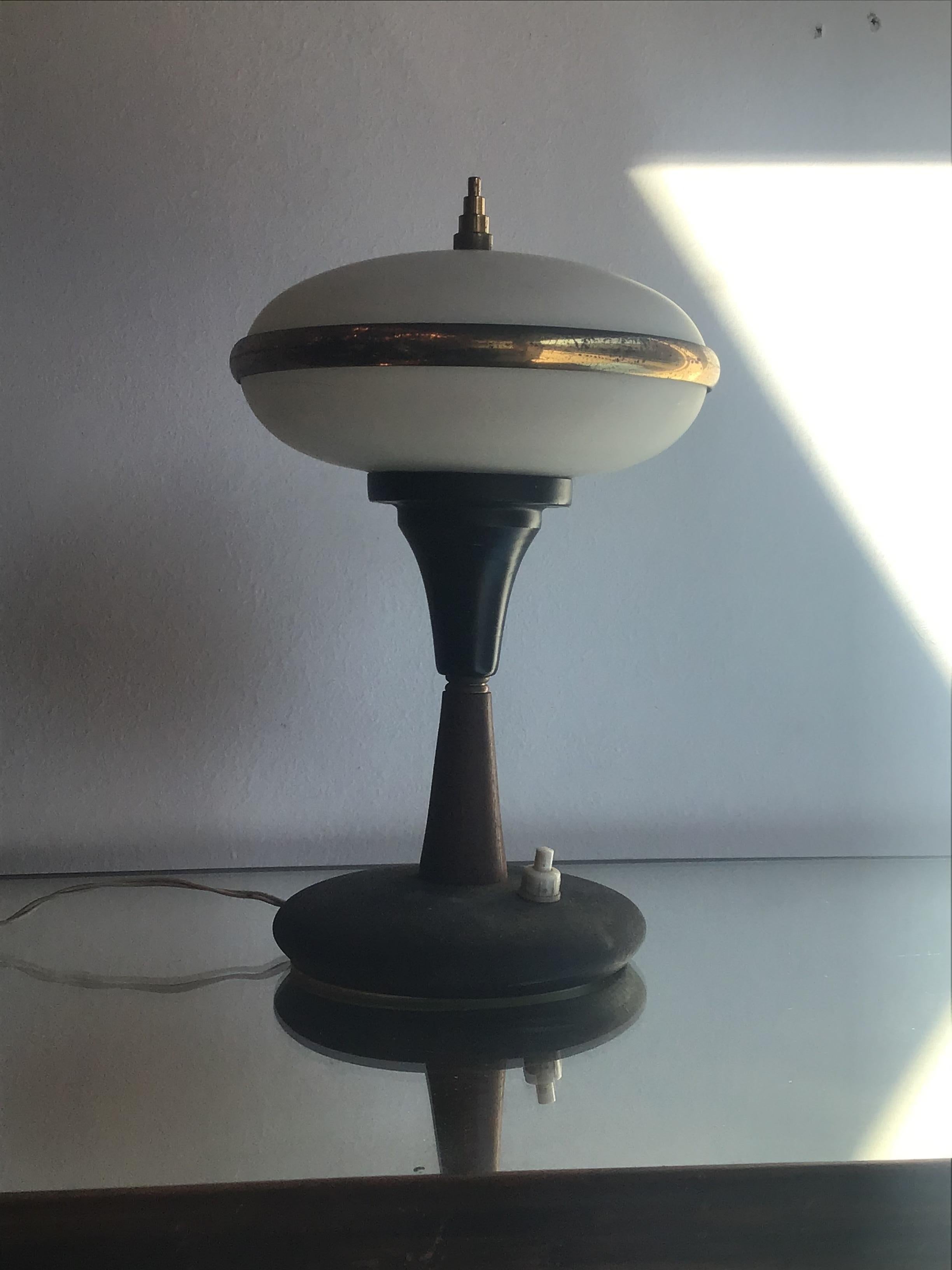 Italian Stilnovo Table Lamp Brass Glass Wood, 1955, Italy For Sale