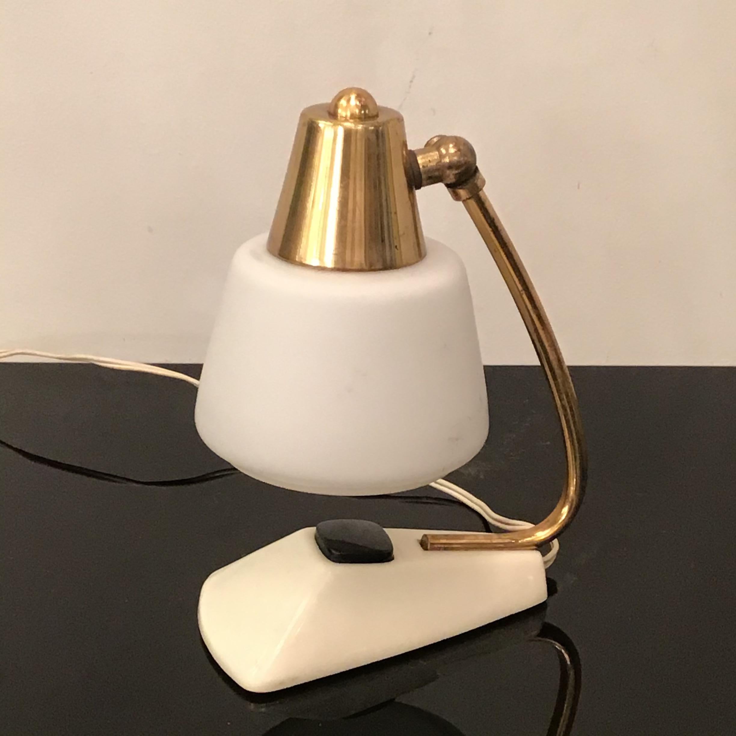 Mid-20th Century Stilnovo Table Lamp Brass Opaline Glass Metal, 1950, Italy  For Sale