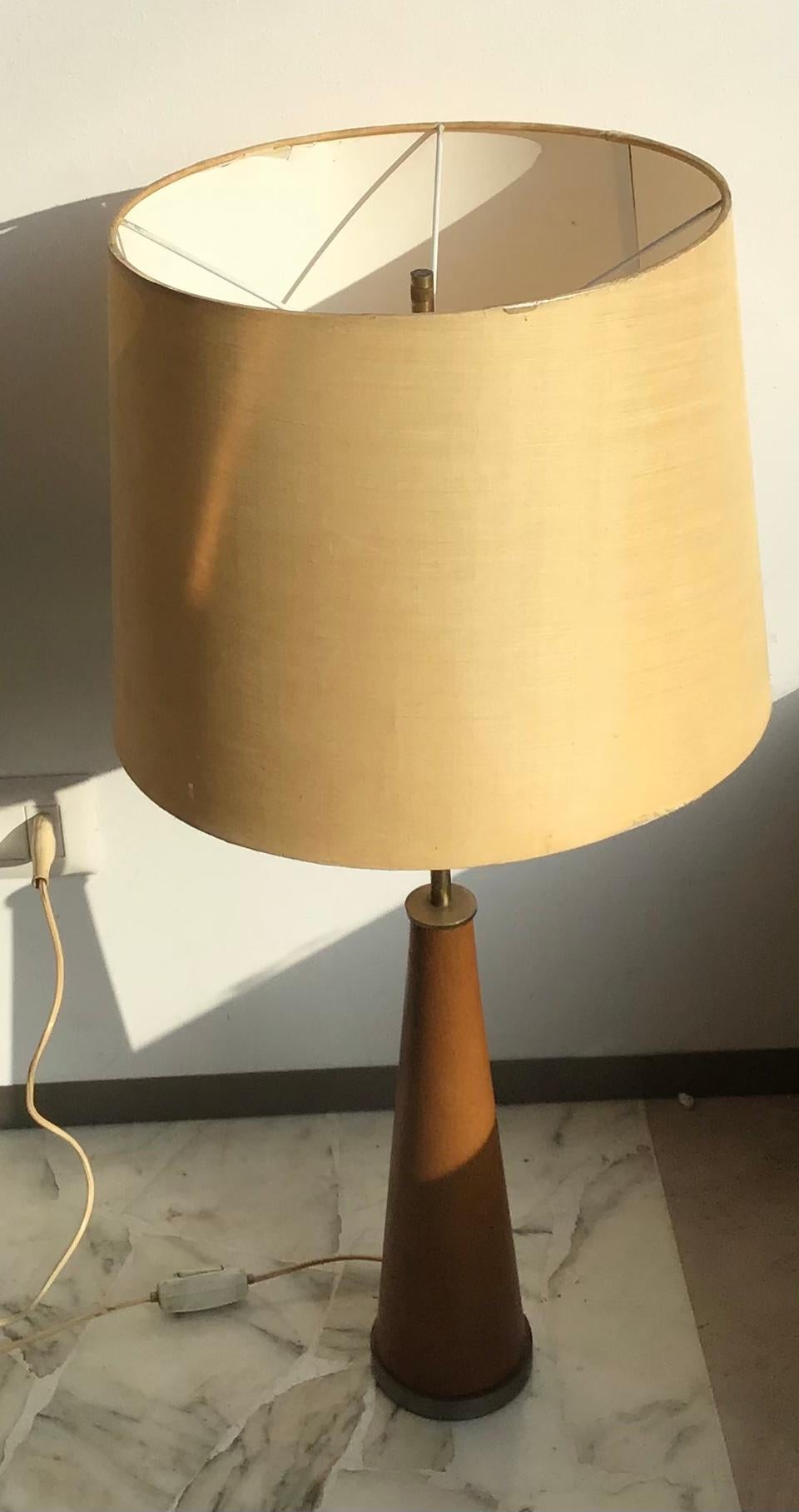 Stilnovo Style table lamp metal crome skin fabric lampshade, 1950, Italy.