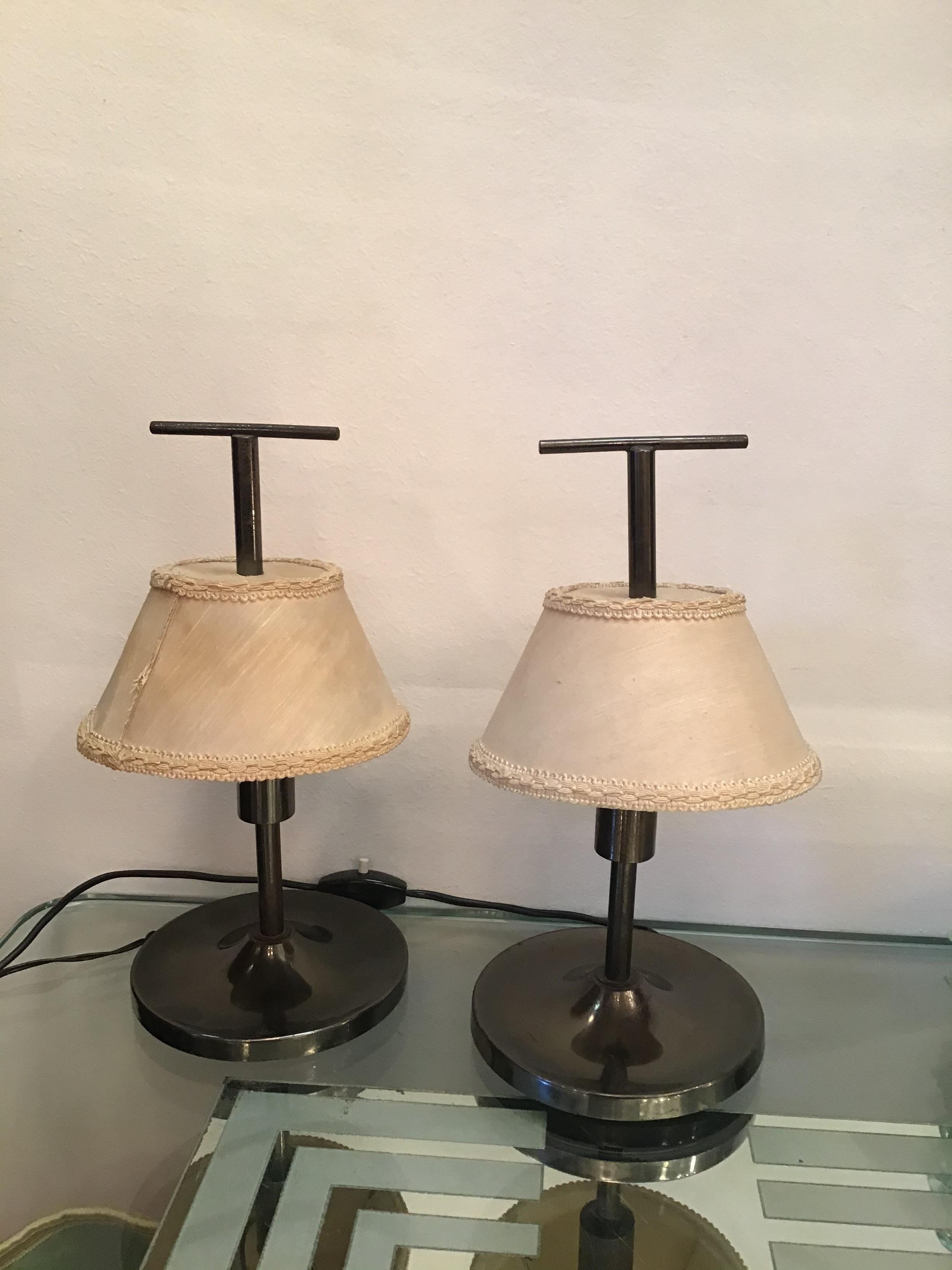 Italian Stilnovo Table Lamps Brass Fabric Lampshade, 1955, Italy