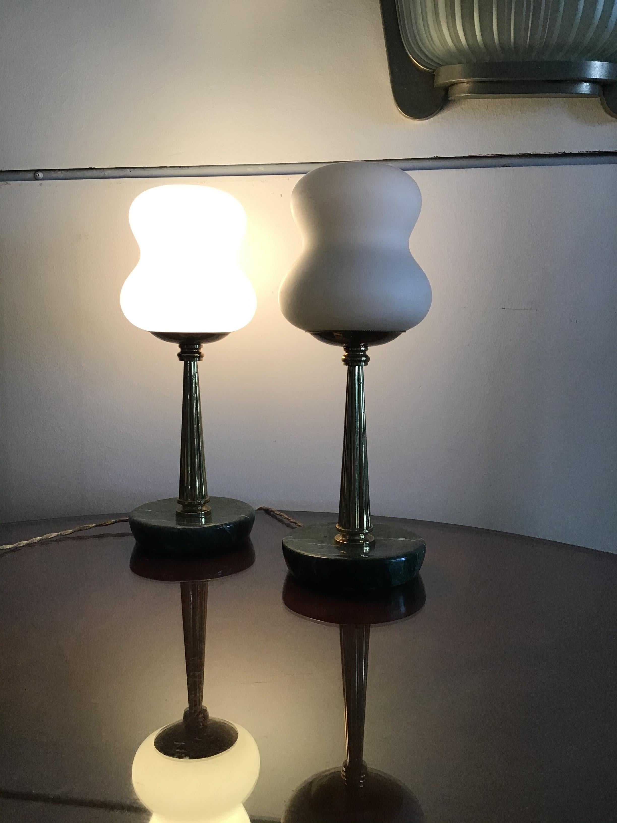 Stilnovo Style table lamps opaline brass Marbre, 1950, Italy.