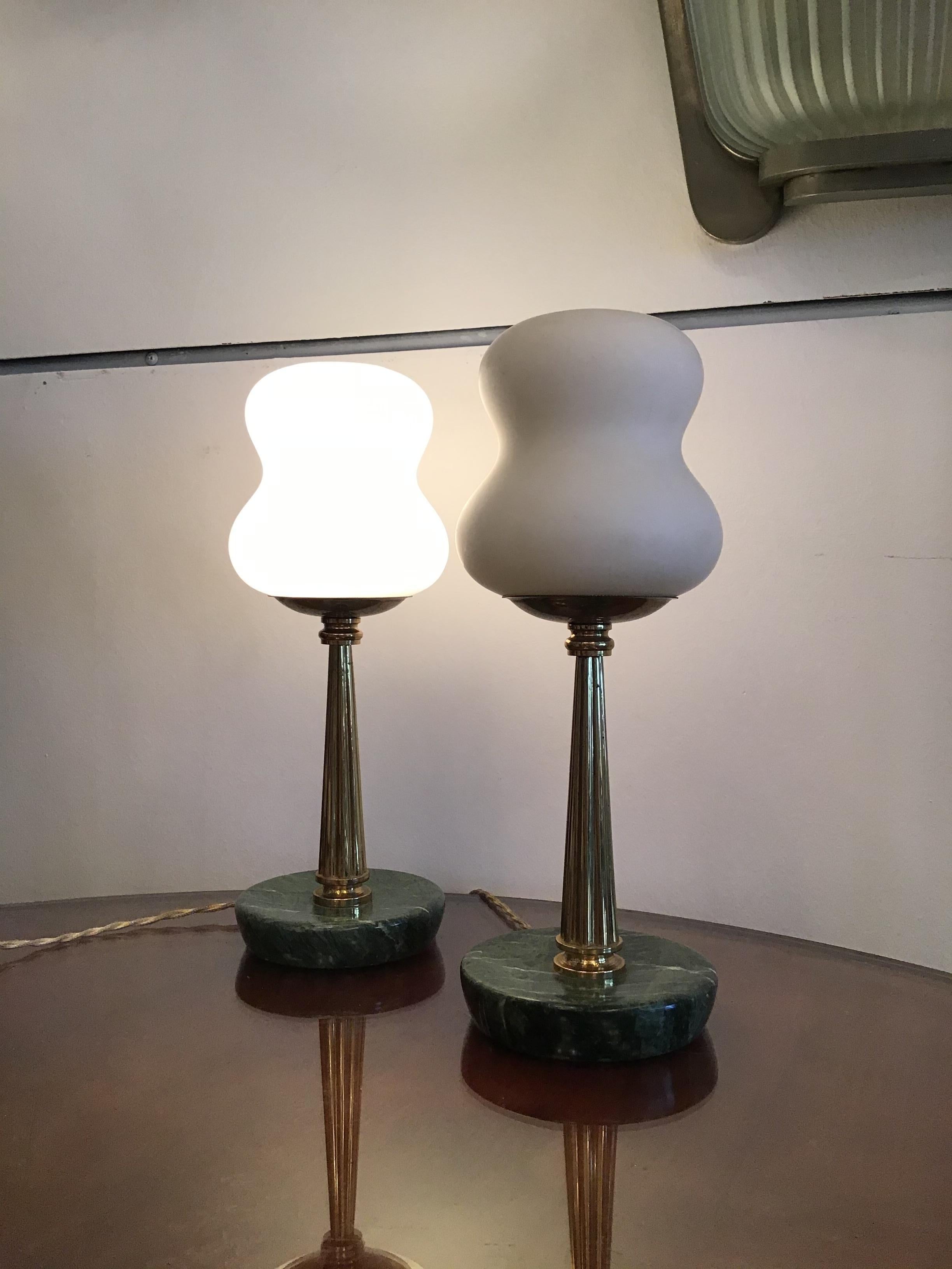 Italian Stilnovo StyleTable Lamps Opaline Brass Marbre, 1950, Italy For Sale