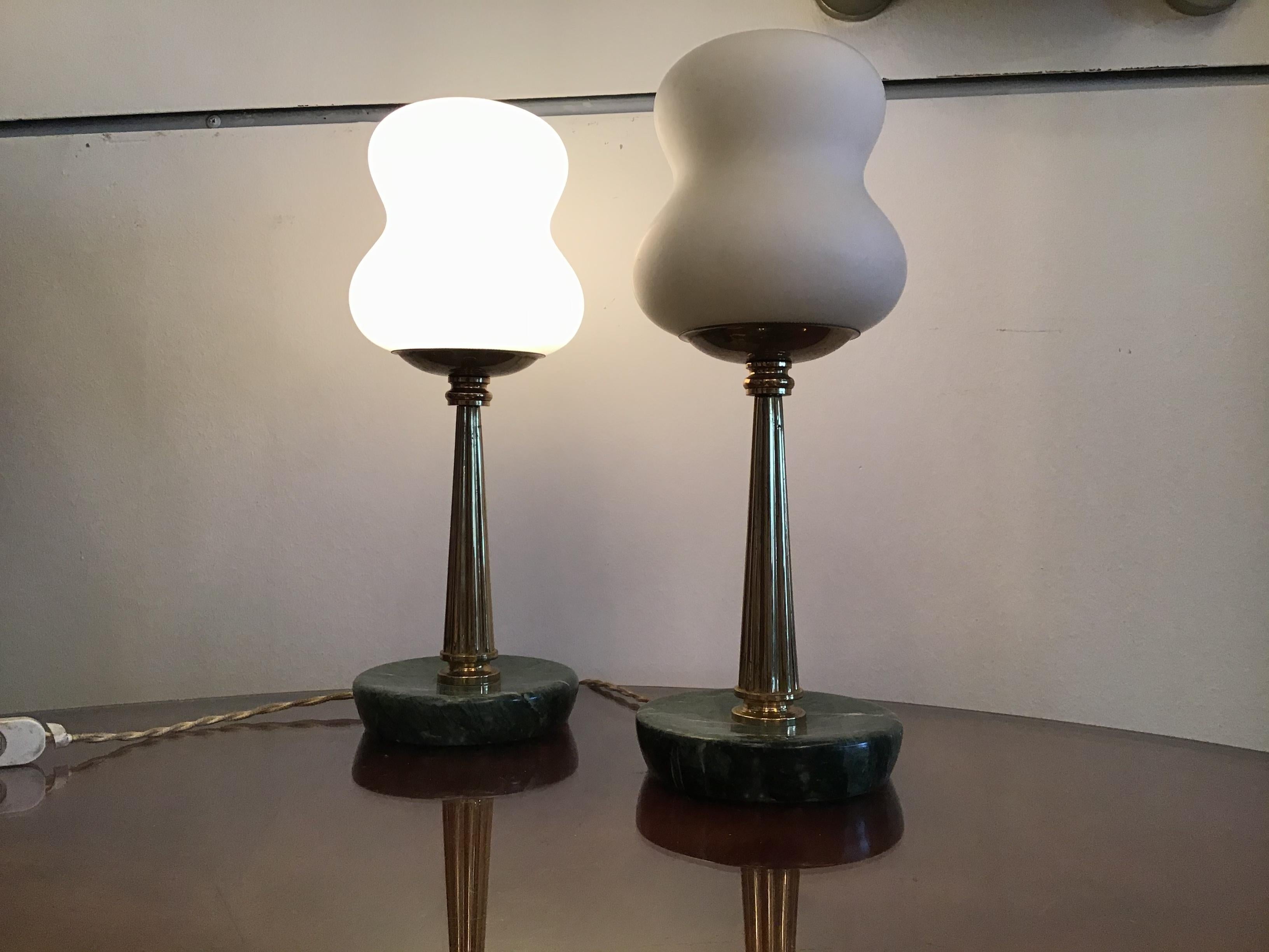 Mid-20th Century Stilnovo StyleTable Lamps Opaline Brass Marbre, 1950, Italy For Sale