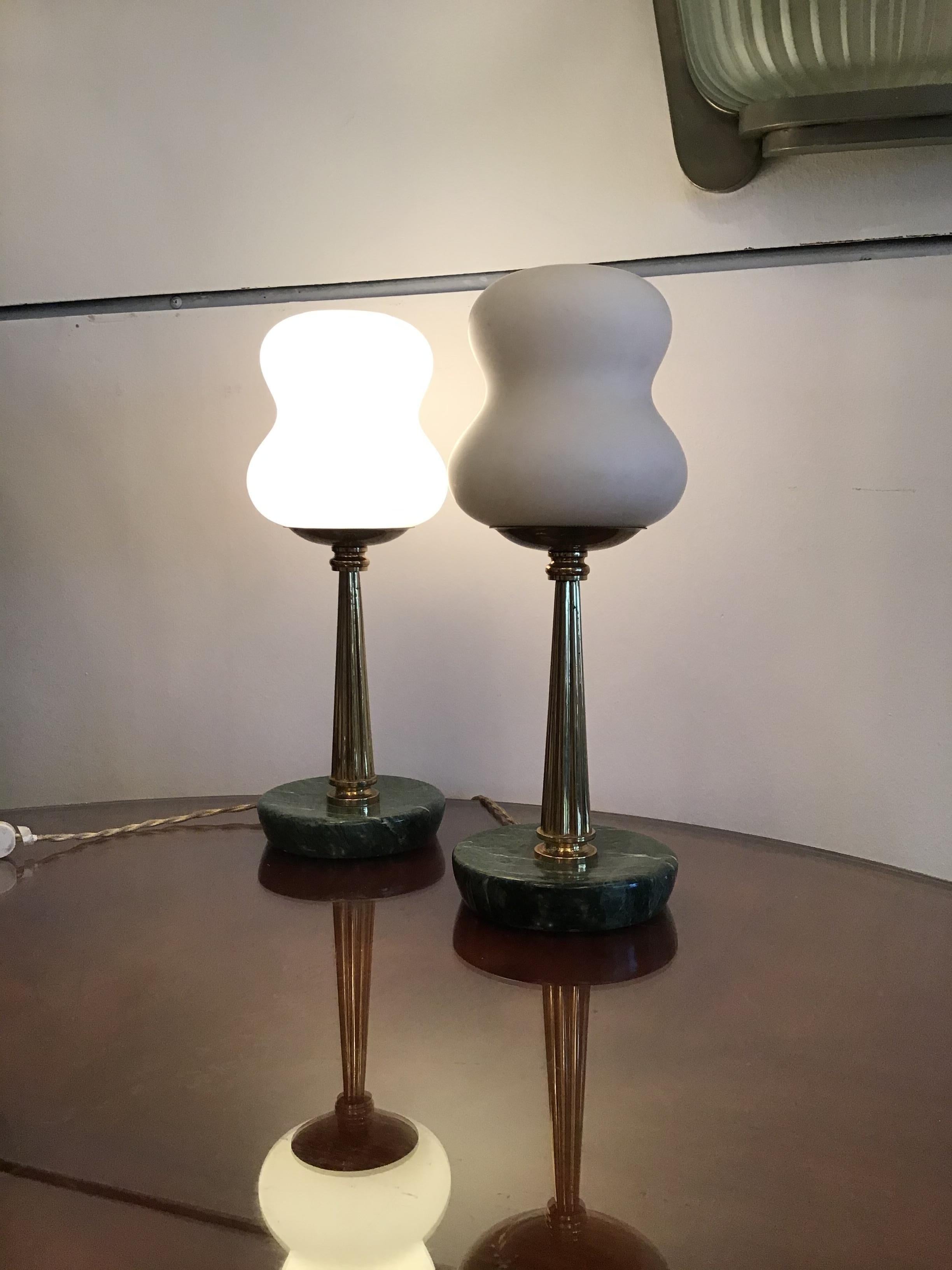 Opaline Glass Stilnovo StyleTable Lamps Opaline Brass Marbre, 1950, Italy For Sale